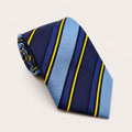 A rolled George Neale blue stripe silk tie.