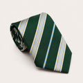 A rolled George Neale green and silver stripe silk tie.
