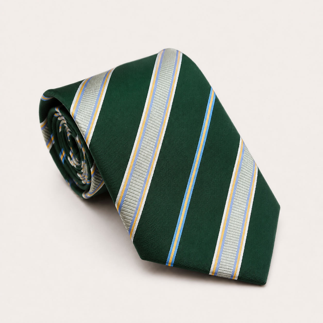 A rolled George Neale green and silver stripe silk tie.