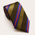 A rolled George Neale olive green and blue stripe silk tie.