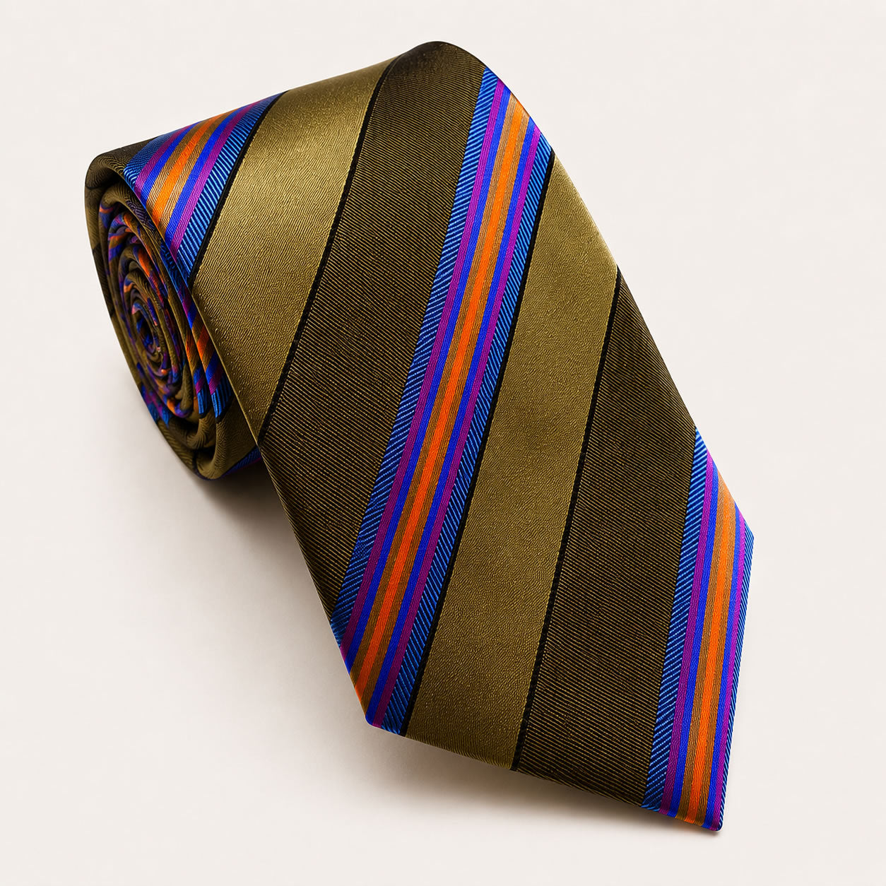 A rolled George Neale olive green and blue stripe silk tie.