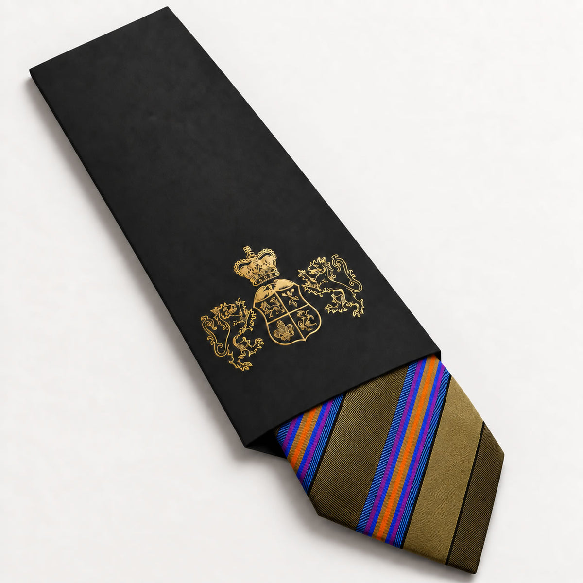 Olive Green and Blue Stripe Silk Tie in George Neale premium packaging
