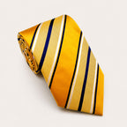 A rolled George Neale yellow and navy stripe silk tie.