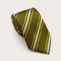 A rolled George Neale olive green and gold stripe silk tie.