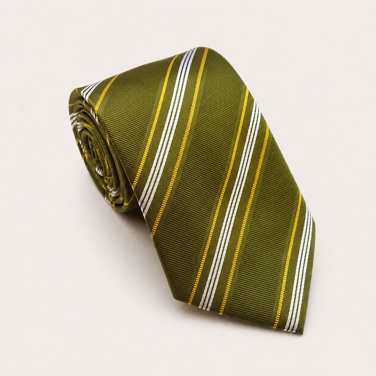 A rolled George Neale olive green and gold stripe silk tie.