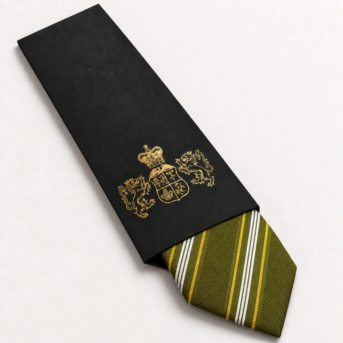 Olive Green and Gold Stripe Silk Tie in George Neale premium packaging