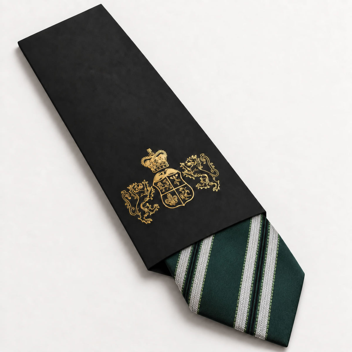 Dark Green and Silver Stripe Silk Tie in George Neale premium packaging