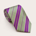 A rolled George Neale sage green and purple stripe silk tie.