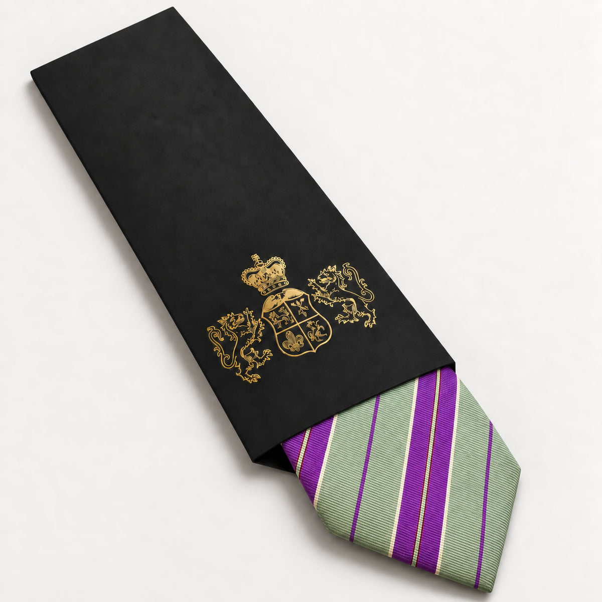 Sage Green and Purple Stripe Silk Tie in George Neale premium packaging