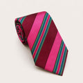 A rolled George Neale pink and green stripe silk tie.