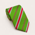 A rolled George Neale green and red stripe silk tie.