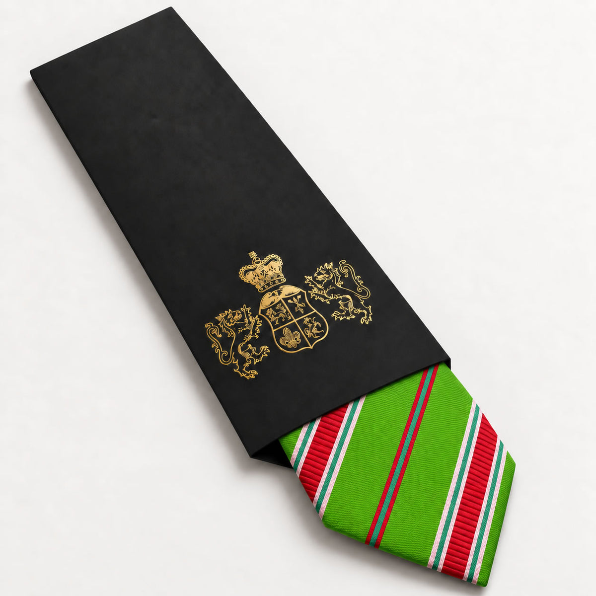 Green and Red Stripe Silk Tie in George Neale premium packaging