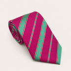 A rolled George Neale pink and green stripe silk tie.