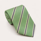 A rolled George Neale sage green stripe silk tie.
