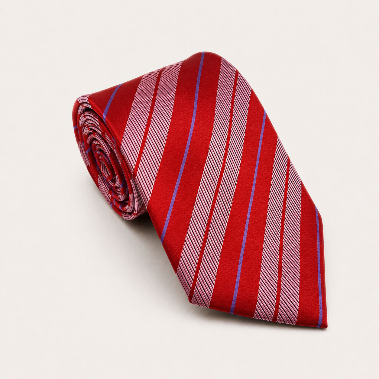 A rolled George Neale red stripe silk tie.