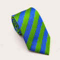 A rolled George Neale green and blue stripe silk tie.