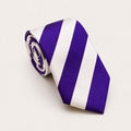A rolled George Neale purple and white stripe silk tie.