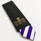 Purple and White Stripe Silk Tie in George Neale premium packaging