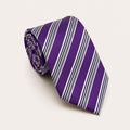 A rolled George Neale purple stripe silk tie.