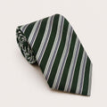 A rolled George Neale green stripe silk tie.