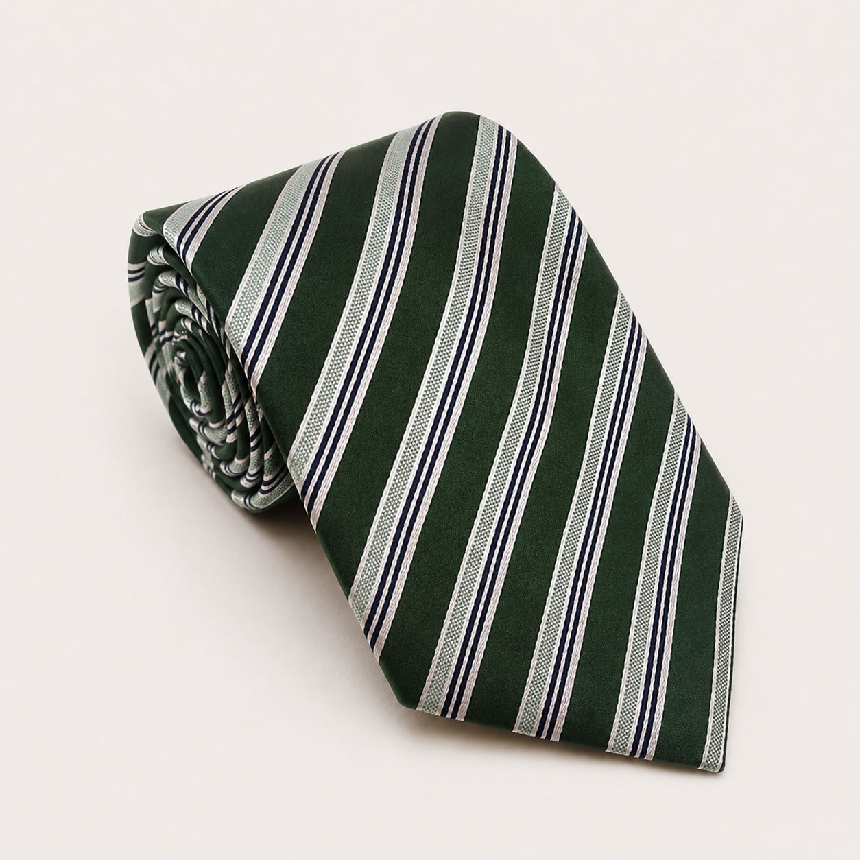 A rolled George Neale green stripe silk tie.