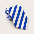 A rolled George Neale blue and white stripe silk tie.