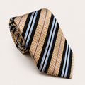 A rolled George Neale champagne and black stripe silk tie.