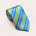 A rolled George Neale green and blue stripe silk tie.