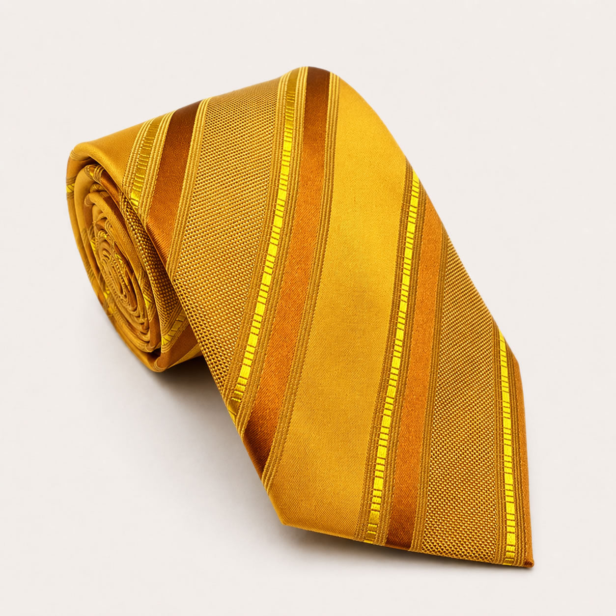 A rolled George Neale gold stripe silk tie.