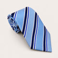 A rolled George Neale sky blue and navy stripe silk tie.